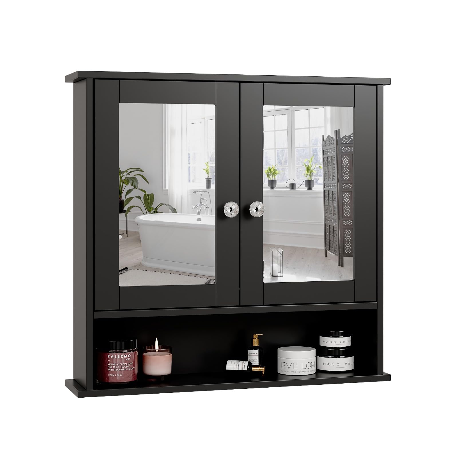 Bonnlo Bathroom Mirror Cabinets, Bathroom Wall Cabinet with Double Mirror Doors & Adjustable Shelf, Double Door Cupboard Mirrored Wall Mounted Storage for Bathroom, Kitchen, Black, 56 x 13 x 58 cm