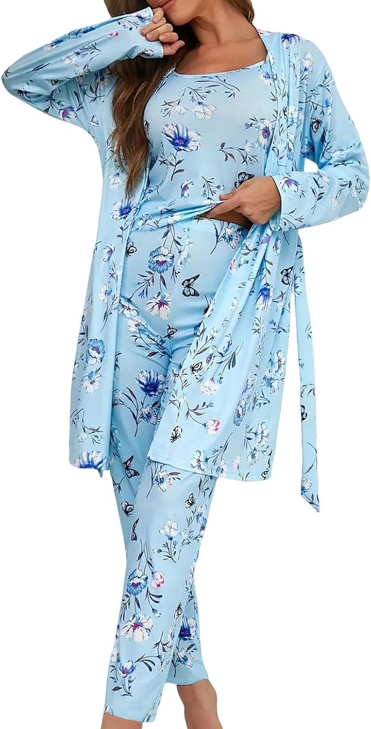 3-Piece Pajama Sets for Women 2025 Floral and Butterfly Print Pajama Set Nightwear Long Pants & Belted Robe - Image 5