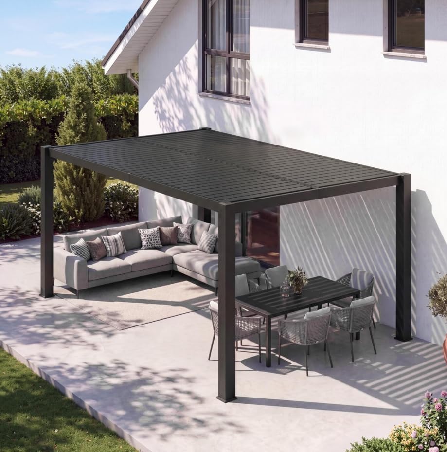 Image of Aoxun Louvered Pergola 10' x 12' 96S Outdoor Metal Pergola with Adjustable Top for Decks, Gardens and Backyards, Easy Assembly via Structural Patent, Gray