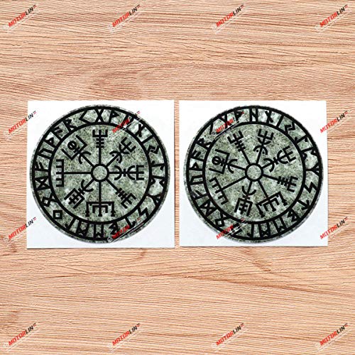 Heaume d’effroi Vegvisir boussole viking rune autocollant vinyle - lot de 2 brillants, 7,6 cm - grunge usé vintage pour voiture bateau PC portable