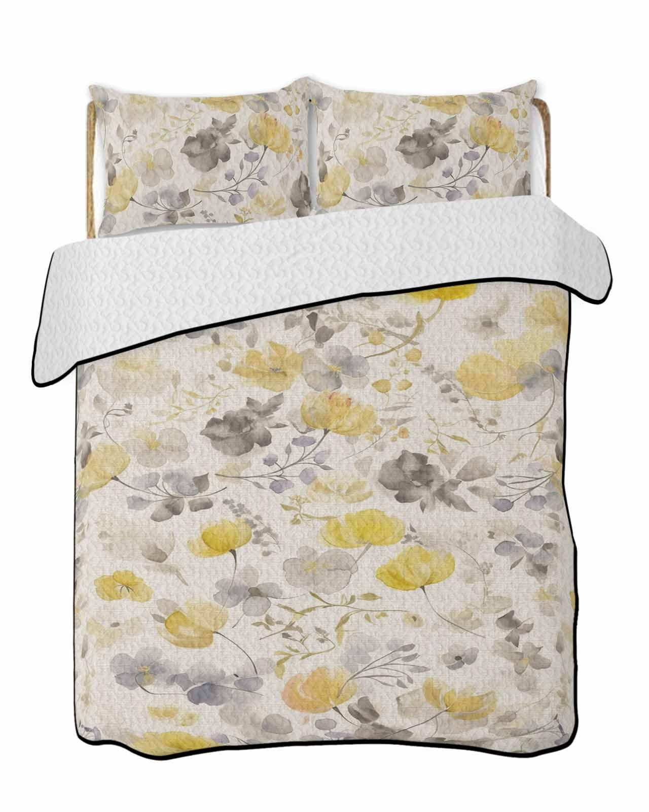 3-Piece Summer Quilt King Size, Yellow Grey Botanical Lightweight Cooling Bedding Comforter Blanket with 2 Pillow Shams, Spring Floral Watercolor Rustic Bedspreads Quilted Coverlet Sets 96