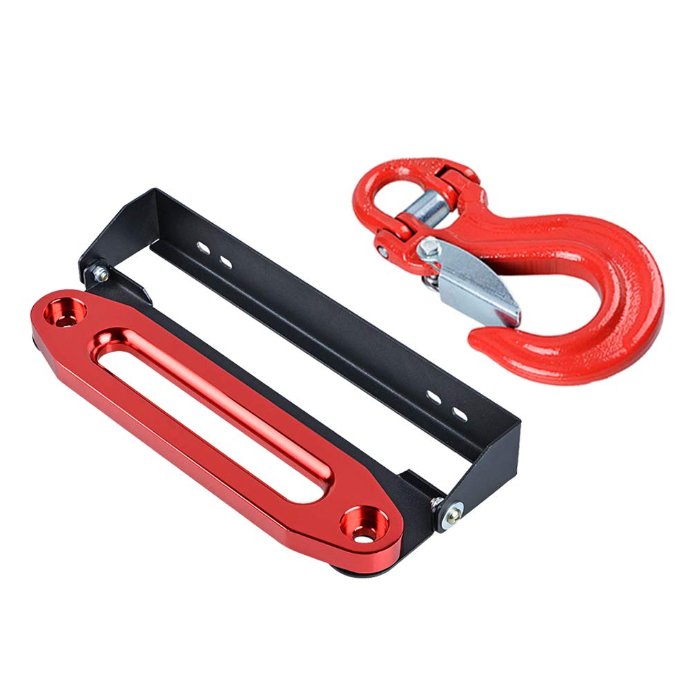 AMOPA amopacorp Red Half-Link Safety Latch Winch Hook WLL 28,000lbs and 10 inch Anodized Red CNC Machine Aluminum Hawse Fairlead with Stainless Steel Flip-Up 254mm Mounted License Plate Holder