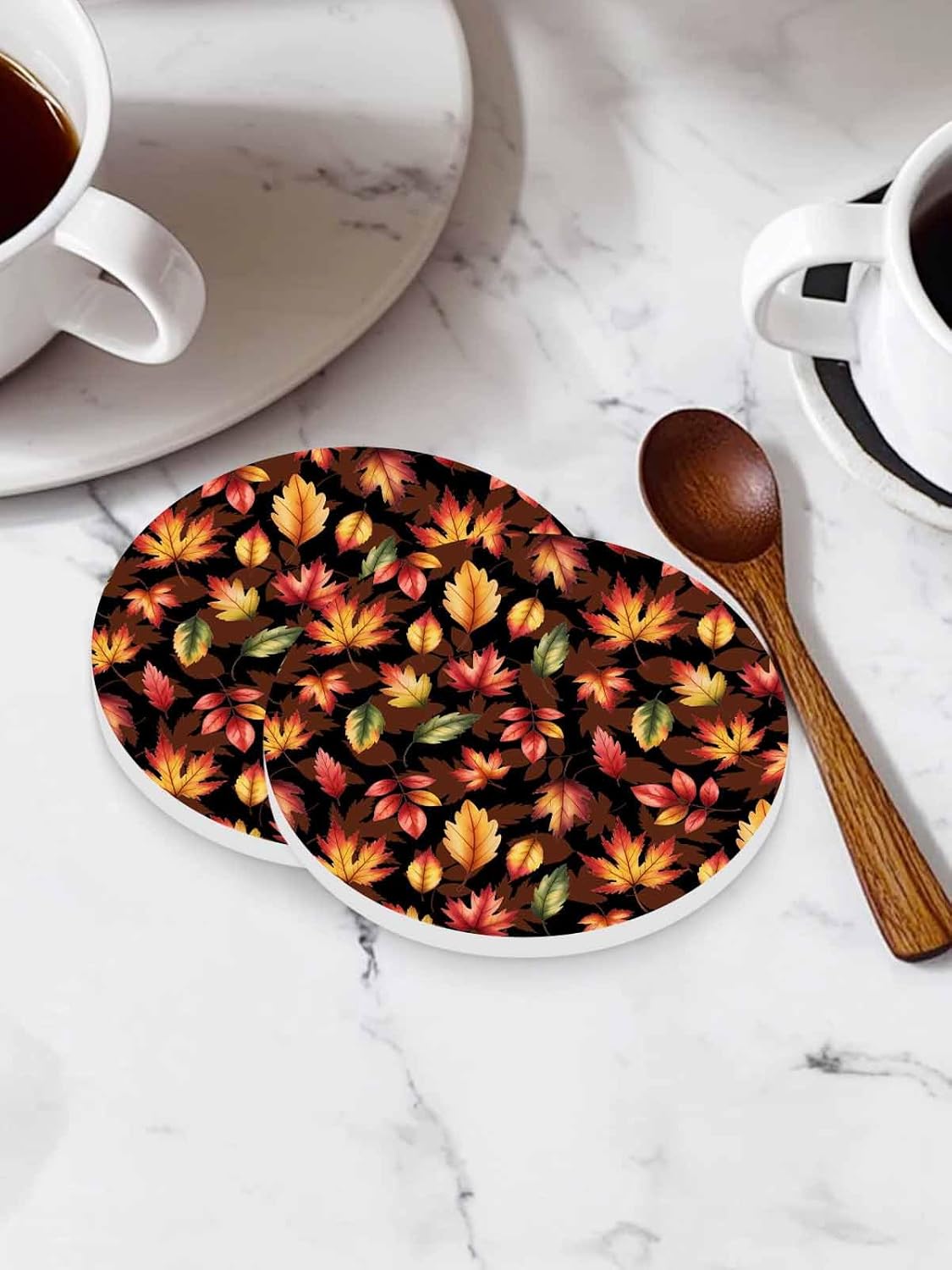 Coasters for Drinks Set of 8 with Holder, Fall Thanksgiving Vintage Maple Leaf Ceramic Cup Mat, Absorbent Ceramic Stone Coasters with Cork Base for Coffee, Cups, Wooden Table, Home Decor 4 Inch