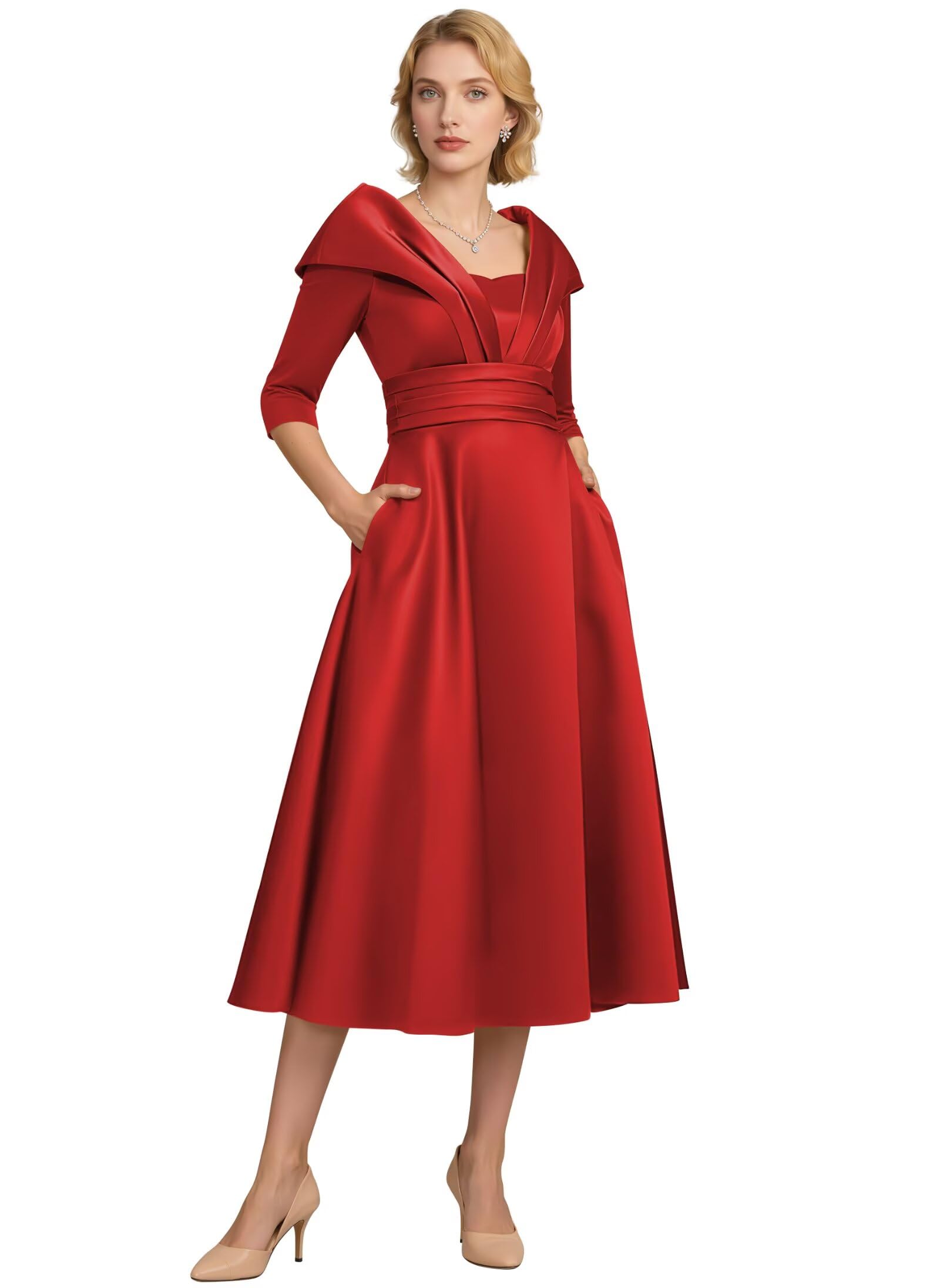 YUAOHUANG Satin Mother of Bride Dresses Half Sleeve Ruched Tea Length Satin Formal Dress for Women Long with