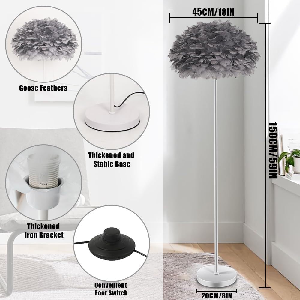 XINYASEE Feder Stehlampe,Weiße/grau Feder Stehleuchte,Modernes Stehlampe für Schlafzimmer Wohnzimmer,Dimmbare Stehleuchte mit Feder Schirm,Minimalistische Standleuchte für Wohnzimmer Dekoration (Grau)