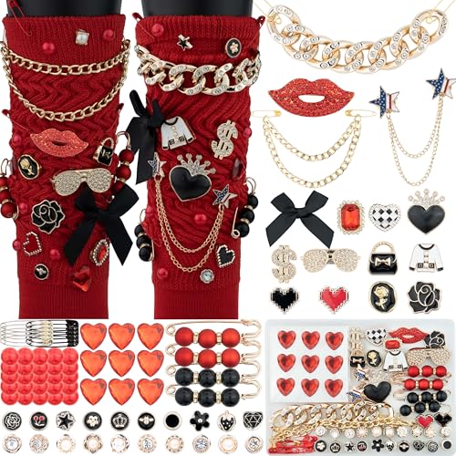 DoDoBeads 85 Pcs Junk Socks Charms Kit Black and Red Charms for Socks Brooches and Pins for Women ShoeCharms with Bows Sneakers DIY Kit with Pearls Rhinestones Chains