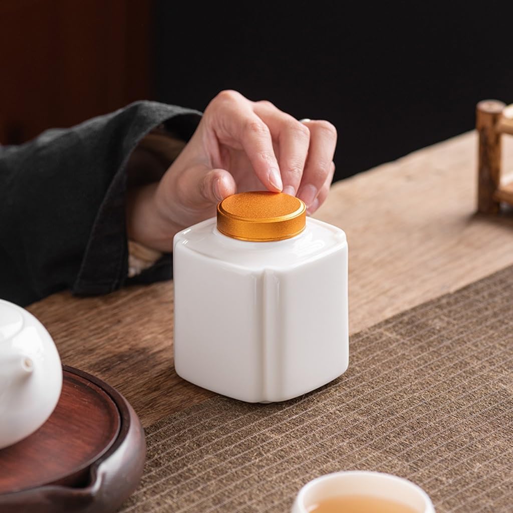 SONGCHAO Sugar Jar White Porcelain Tea Storage Jar, Sealed, Alloy Lid, Small for Home Use Tea Canister