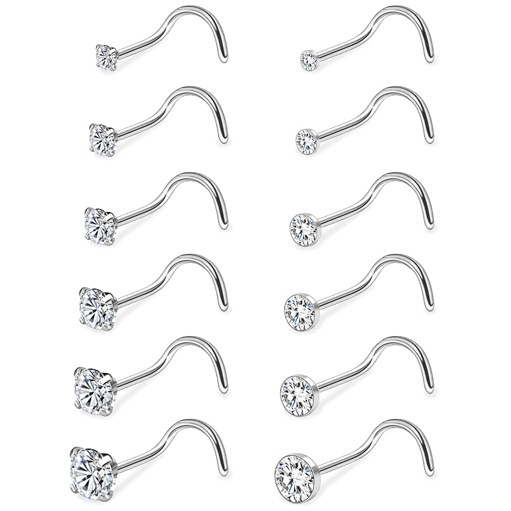 PunkTracker20G Nose Rings 1.5mm 2mm 2.5mm 3mm 3.5mm 4mm, 4-12PCS Clear Cubic Zircon Nose Studs Nose Piercings Jewlery