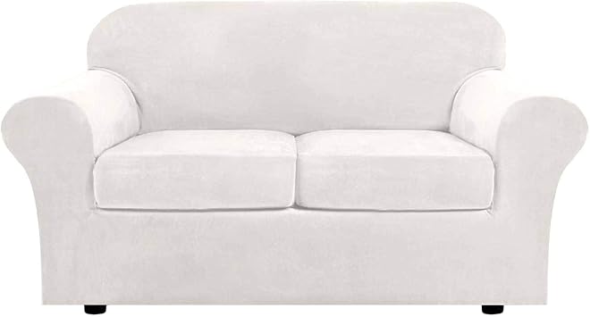 Super Stretch Couch Covers Stretch Sofa Cover 3Piece, Soft Velvet Washable Couch Sofa Slipcover for 2 Cushion Couch Elastic Furniture Protector for Kids Pets-White-Medium