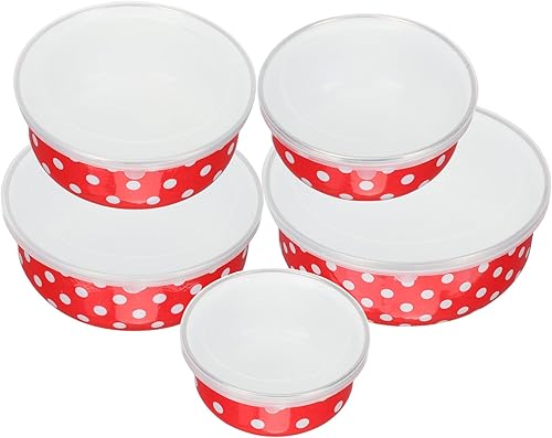 Miniatura 2 de Hemoton Juego de 5 tazones para mezclar esmaltados con tapa, cuencos para ensaladas de anidación de puntos, cuencos preparados para alimentos,