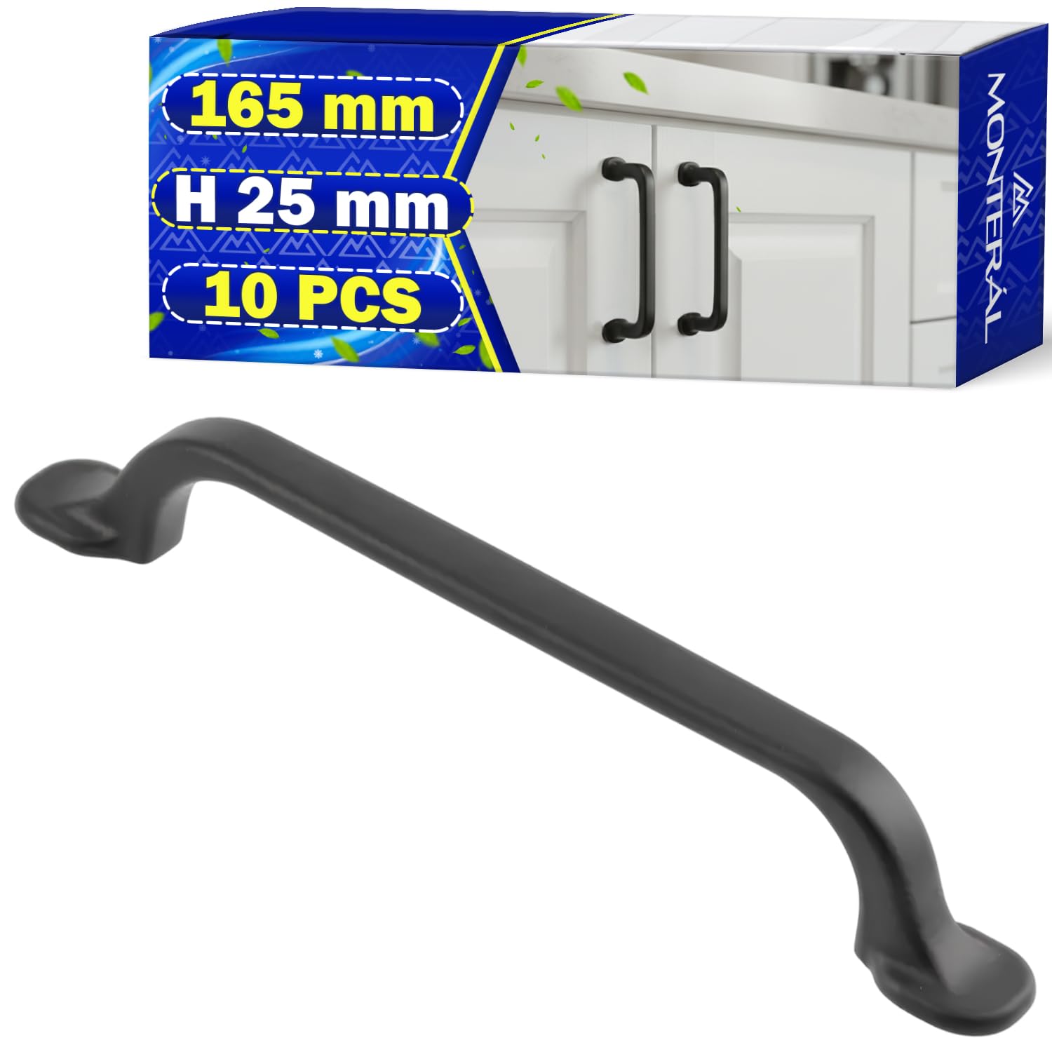 Tiradores de cocina MONTERAL de 128 mm en negro mate para armarios y muebles, pack de 10 unidades