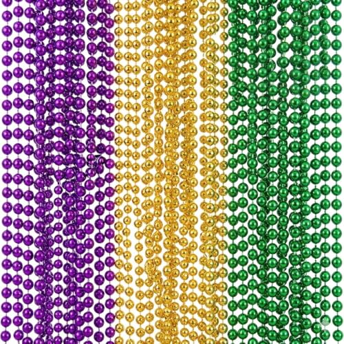 Oojami 144-Piece Bulk Mardi Gras Beads (12 Dozen) – 33' Round 7mm Metallic Necklaces – Gold, Green & Purple Party Favors for Parade Throws, Carnival & Masquerade