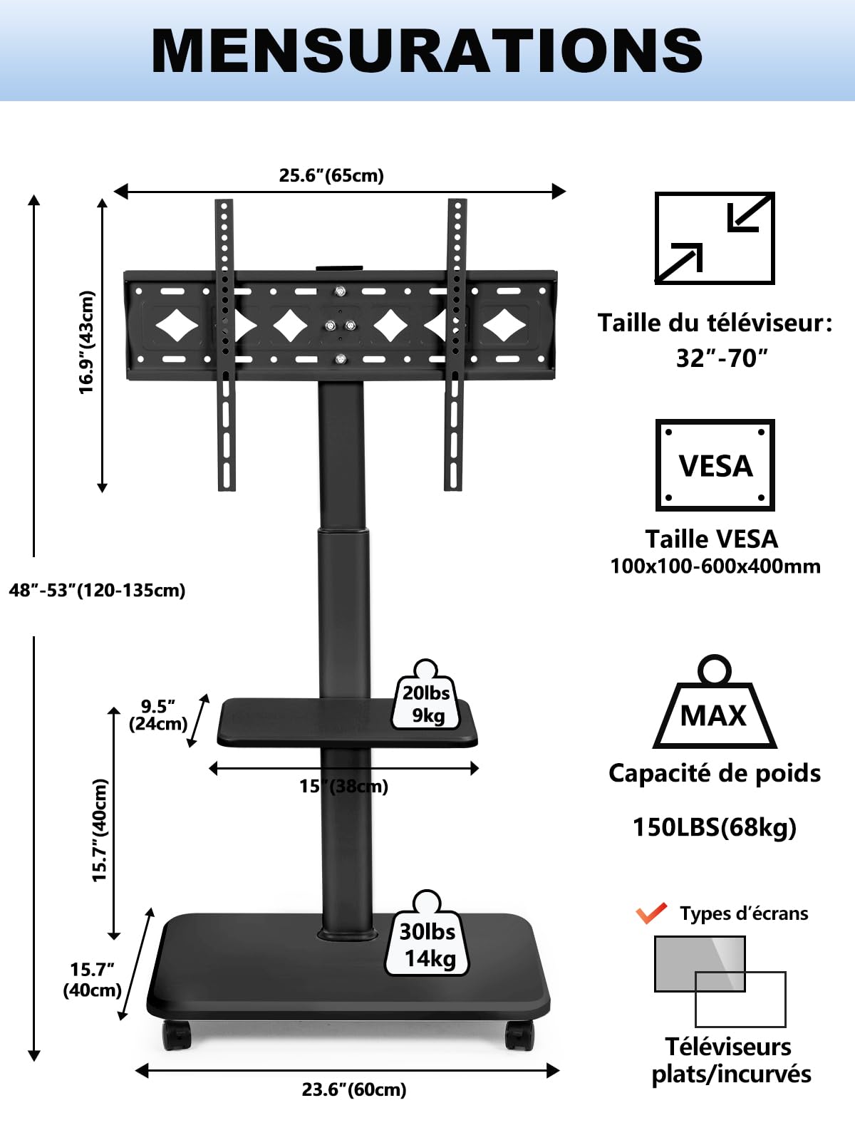 Support TV roulant, chariot TV mobile pour écrans plats/incurvés LED/LCD/OLED de 32 à 70 pouces - Support TV portable réglable en hauteur sur roulettes jusqu'à 45 kg au sol, chariot TV pour chambre à