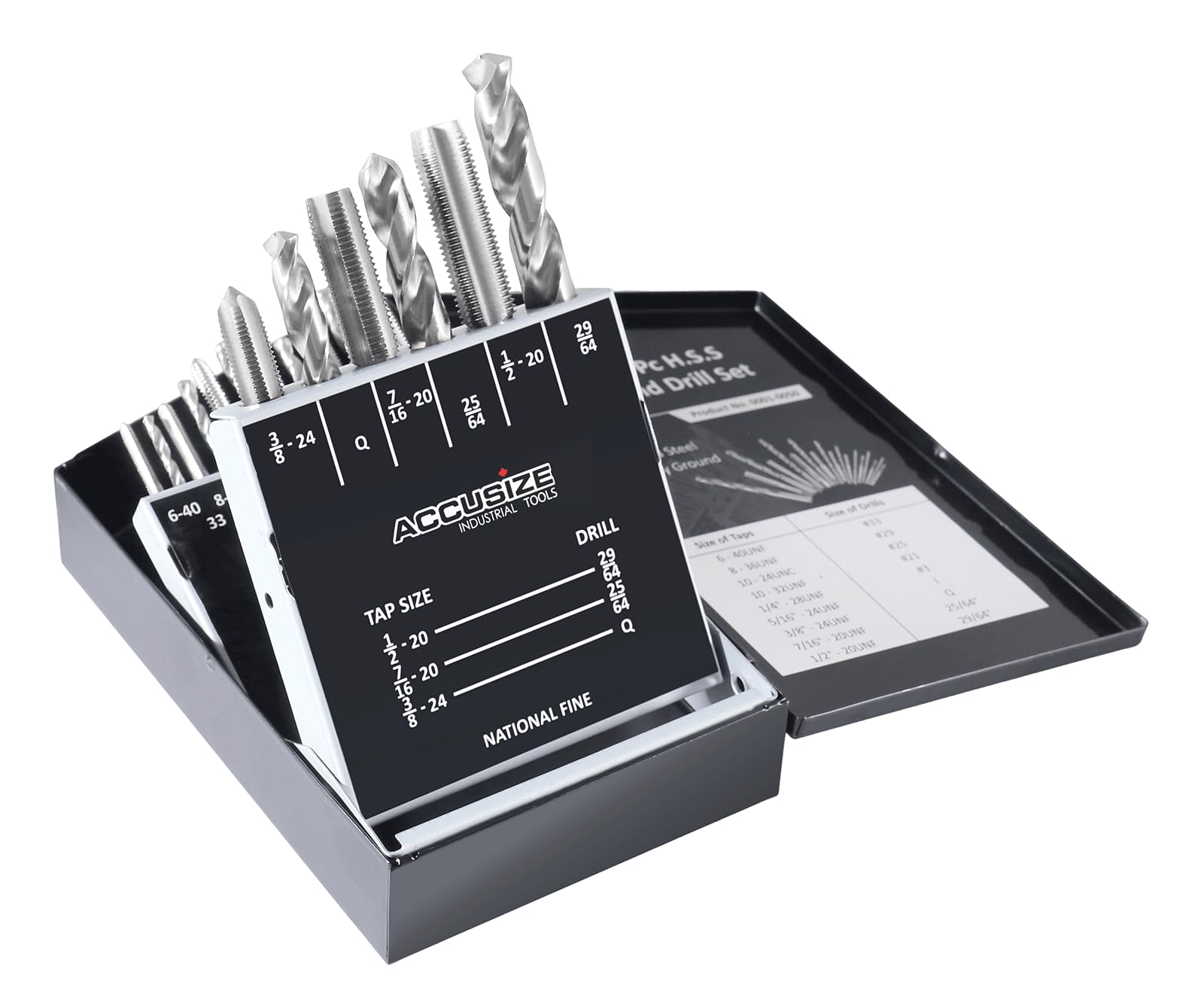 accusize – 18 pcs/Set h.s.s. Tap & Drill Set, UNF en caja de metal, 0001 – 0050