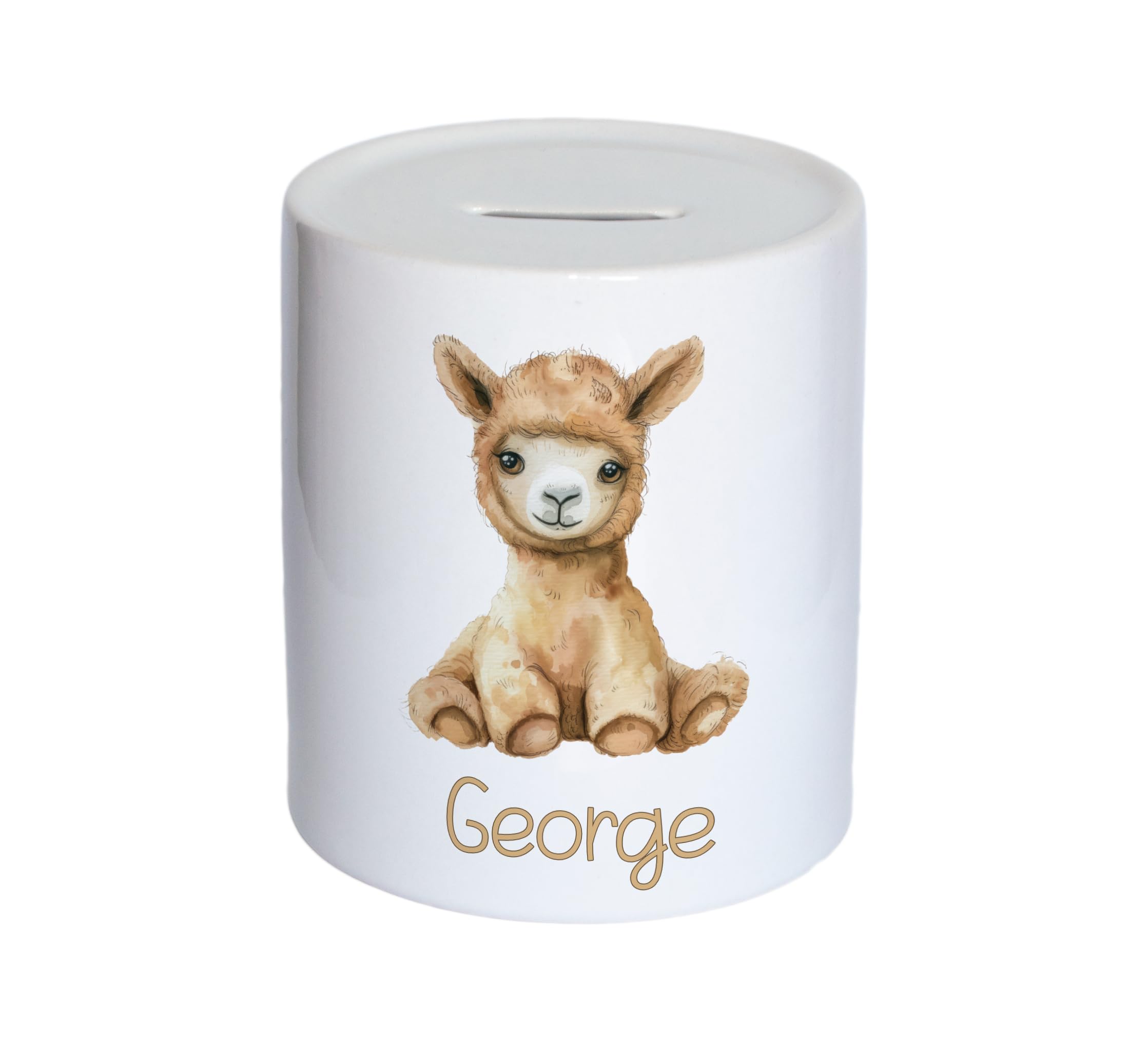 Personalised Watercolour Cute Llama Kids Money Box, Piggy Bank, Savings Jar for Kids Coins. Bank Cash Box. Ceramic. For Boys & Girls