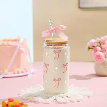 Coquette Pink Bow Aesthetic Cup With Gift Box 16oz Glass Cup with Lids Straws and Pink Bow Iced Coffee Smoothie Cute Tumbler with Cleaning Brush for Girls Bestfriend Sister Girlfriend