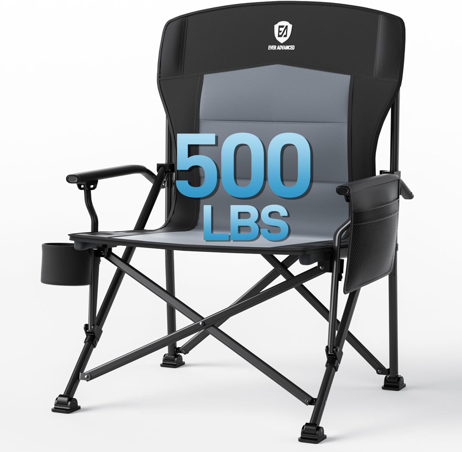 - EVER ADVANCED Oversized Folding Camping Chair for Adults, Heavy Duty Lawn Chair with Side Pockets, Portable Collapsible Quad Chair for Outside, Support Up to 500lbs, Black