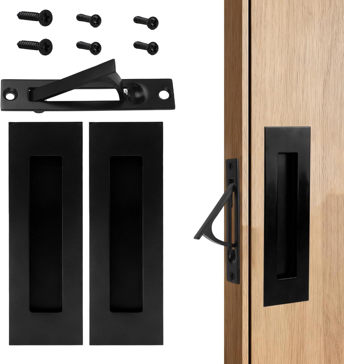 Pocket Door Hardware Set, Including 2 Stainless Steel Recessed Flush Finger Pulls & 1 Edge Pull Rectangular Pocket Door Handles for Sliding Barn Doors (Black)