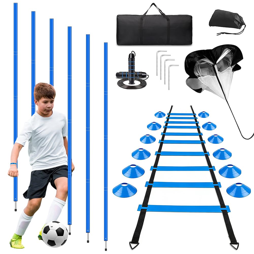 Set di accessori per allenamento da calcio, 6 aste per slalom, scala di coordinazione, 6 m, 12 cappelli, corda per saltare e paracadute per allenamento di coordinazione