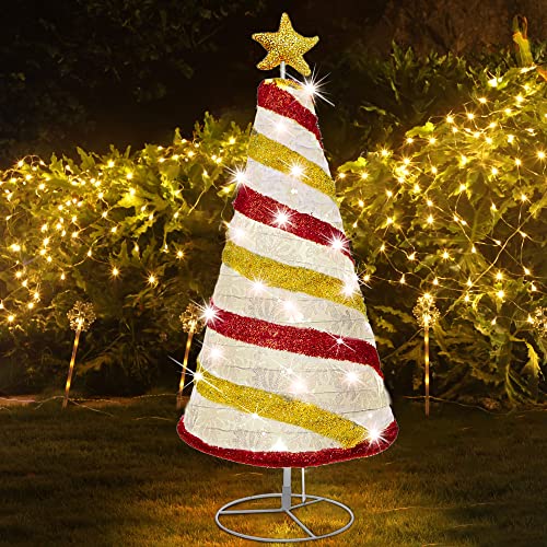 Lulu Home 35 Inch Collapsible Christmas Tree Decoration, 48 Led Pre-Lit Fabric Christmas Tree With Star Topper, Plug-In Foldable Light Up Spiral Cone Xmas Tree Indoor Outdoor Yard Decor, Red & Yellow #TOP5