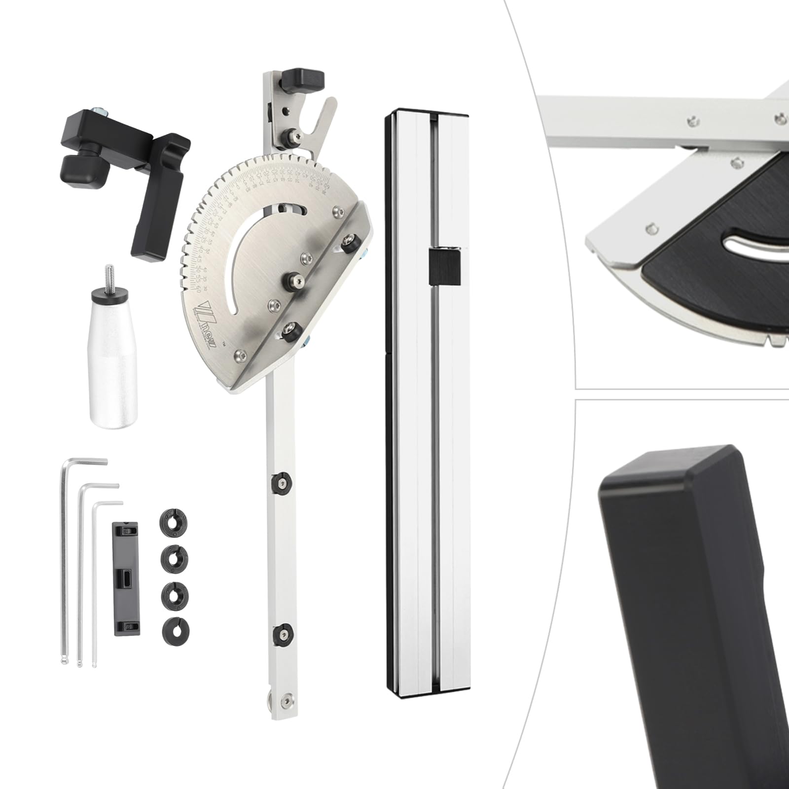 Precyzyjna szyna ukośna z ogranicznikiem, regulowany kątomierz i Flip-Stop do prowadnic piły, idealna do połączeń drewnianych, cięć i jaskółczy ogon, ergonomiczne wzornictwo do stołowej piły tarczowej