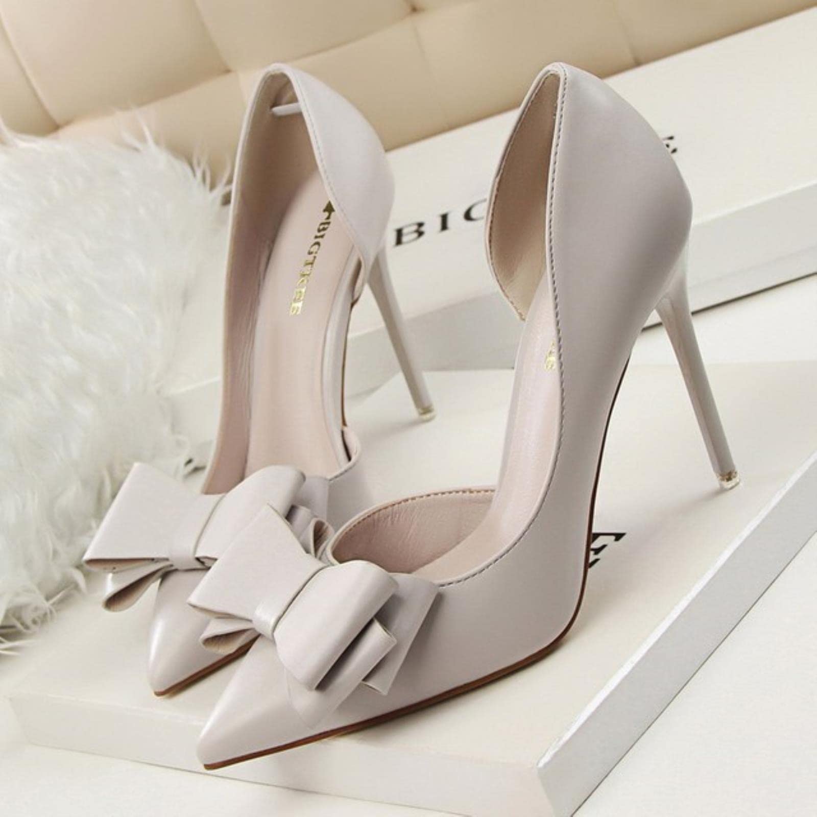 HUANLE Korean Fashion Women Shoes Wedding Bow High Heels Stiletto Heels Shallow Pointed Head Side Empty Thin Shoes-Grey,38