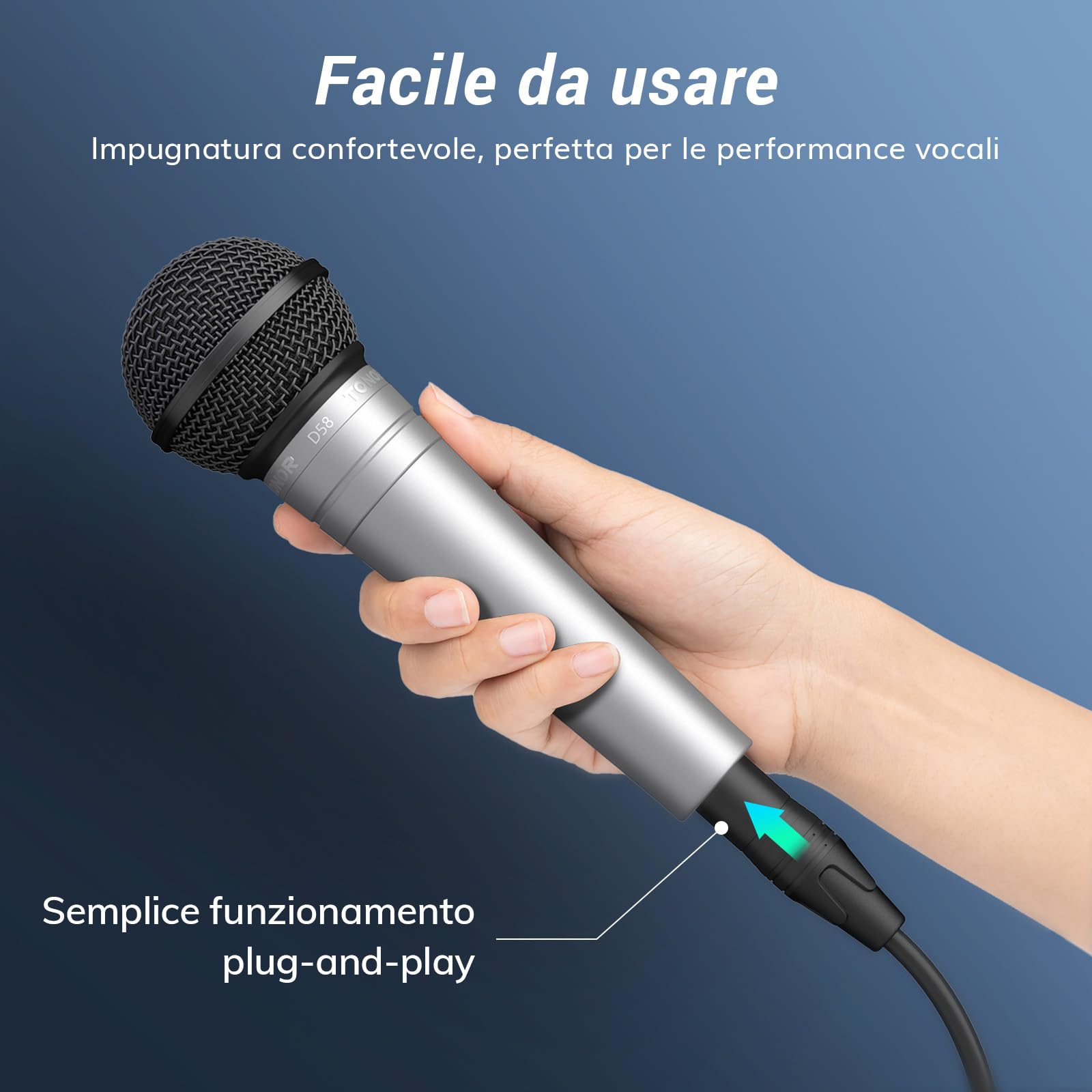 TONOR Microfono dinamico per voce cardioide, microfono cablato XLR con filtro anti-pop integrato e griglia a rete sferica, microfono portatile con riduzione del rumore, canto, palco, live, D58 Argento