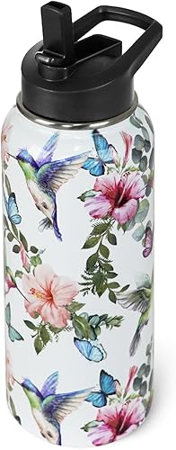 Miniatura 14 de Botella de agua con estampado de vaca con pajitas, botella deportiva aislada al vacío de doble pared, taza térmica de viaje, vaso de acero Negro