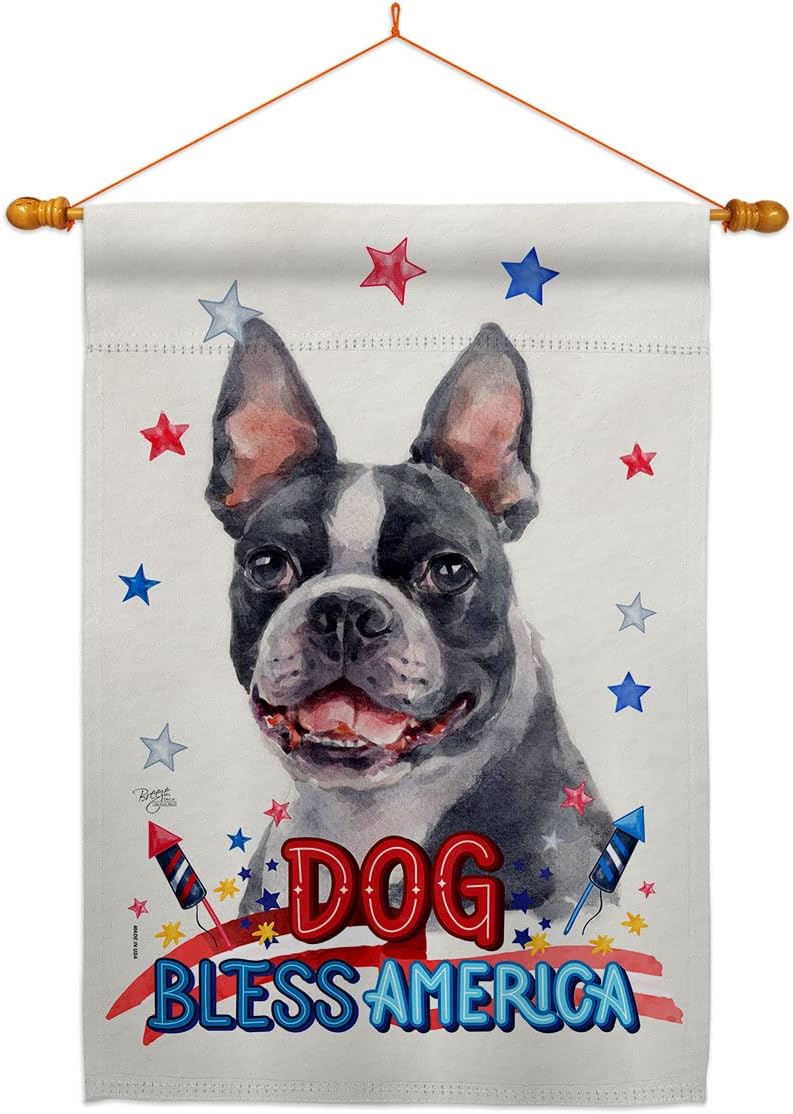 Breeze Decor Patriotic Boston Terrier House Flag Dowel Set Dog Puppy Spoiled Paw Canine Fur Pet Nature Farm Animal Creature Decoration Banner Small Garden Yard Gift Double-Sided, Made in USA
