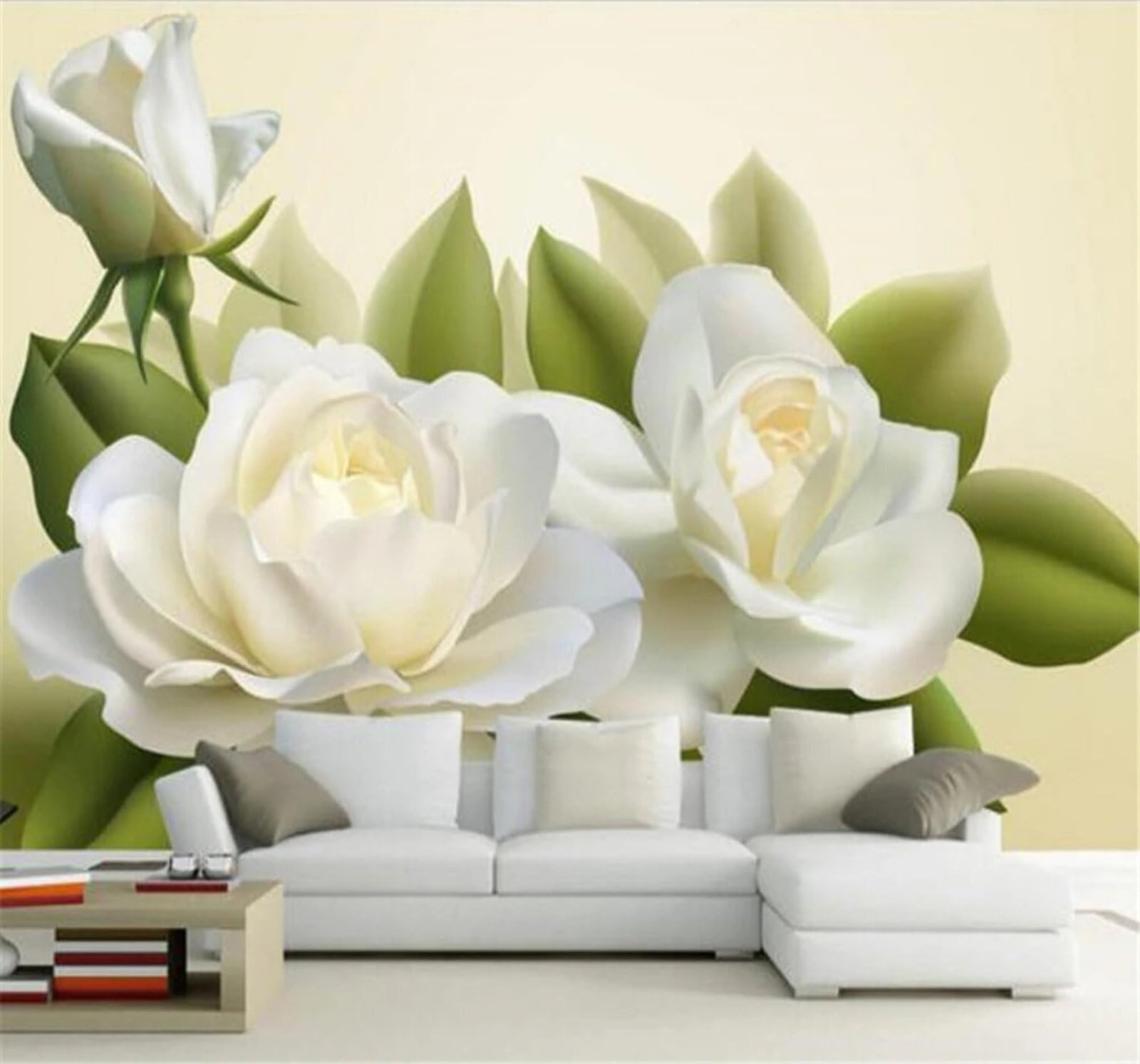 Wallpaper-3D-Xlm 300Cm×210Cm(B×H) Minimalist Fresh Botanical White Flowers 3D Wallpaper Easy Install Feature Office Living Room Sofa Bedroom Tv Background Wall Decoration-300Cm×210Cm