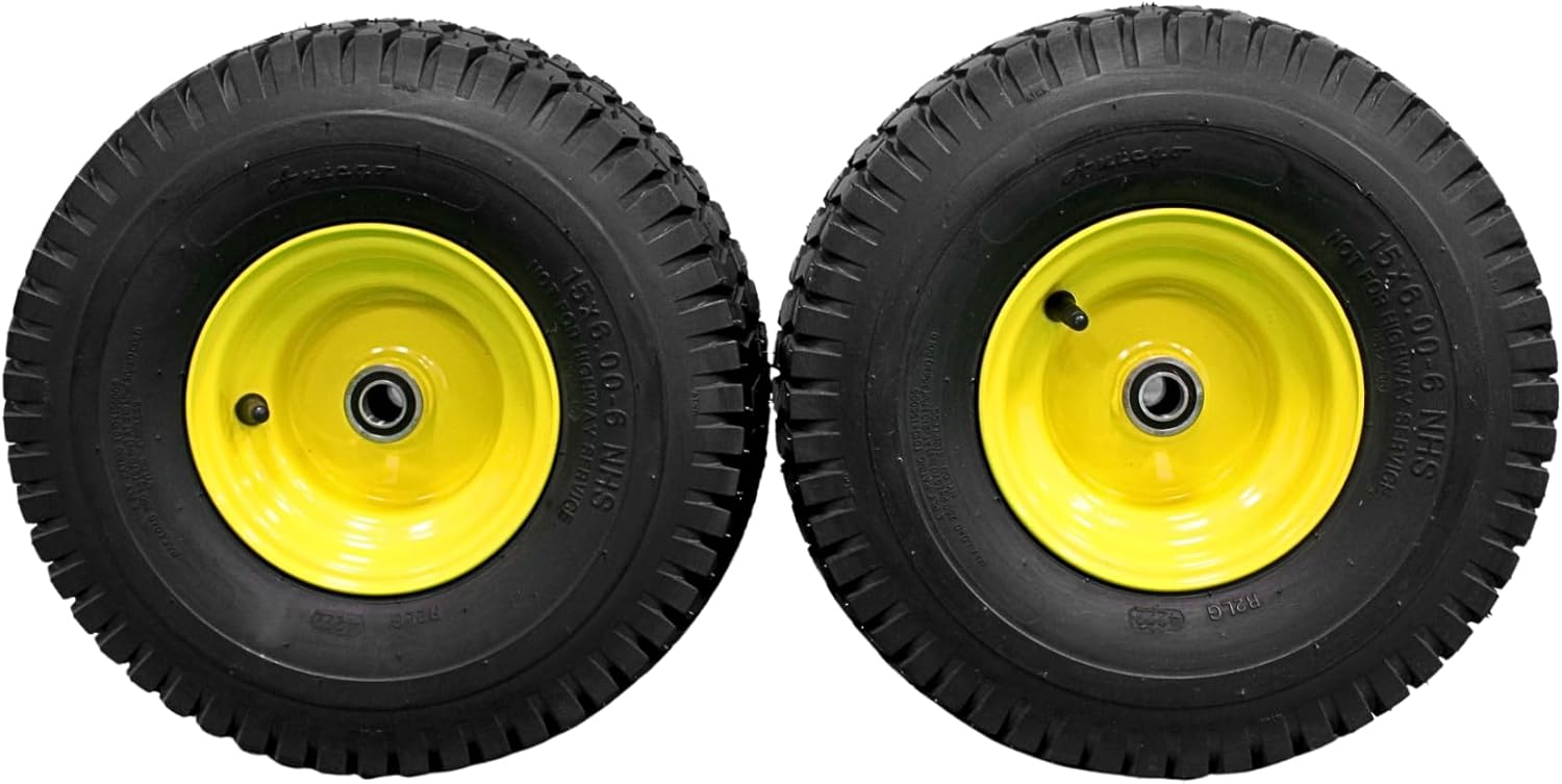 Antego Tire & Wheel Set of 2-15x6.00-6NHS Lawn Mower Tires with Wheel Assemblies, Compatible with John Deere Mowers, Precision Ball Bearings