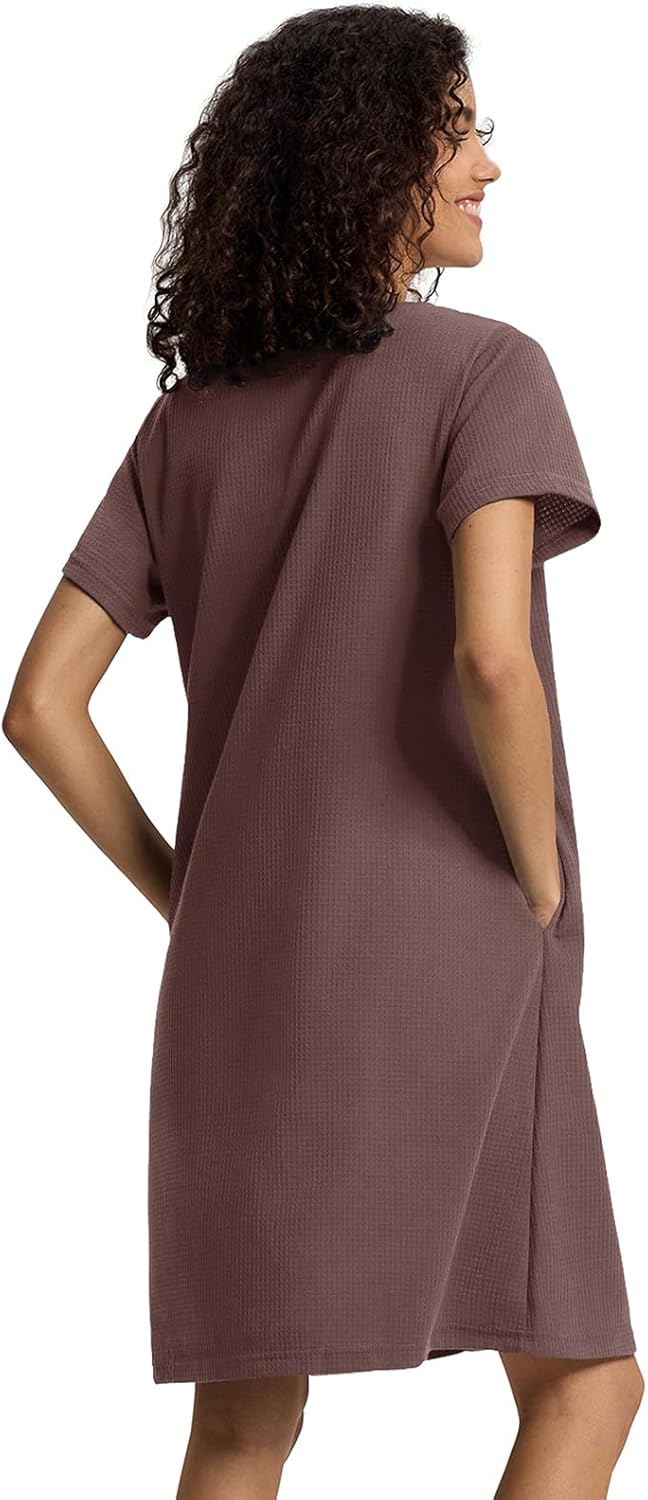 SIORO Women Zipper Robes Waffle Short Sleeve Bathrobe Lightweight Housecoat Knee Length Nightgown Loungwear with Pockets - Image 2