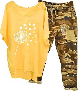 Briskorry Trajes de mujer de 2 piezas, camiseta ancha, pantalón suelto, informal, conjunto de salón de cuello redondo, manga corta, traje deportivo cómodo, transpirable, conjunto elegante estampado
