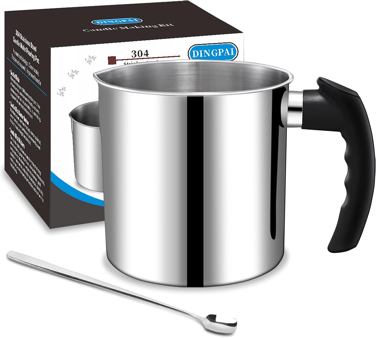 Candle Making Pouring Pot, DINGPAI 44oz Double Boiler Wax Melting Pot, 1pc Spoon, 304 Stainless Steel Candle Making Pitcher, Silver Color with Heat-Resistant Handle and Dripless Pouring Spout Design