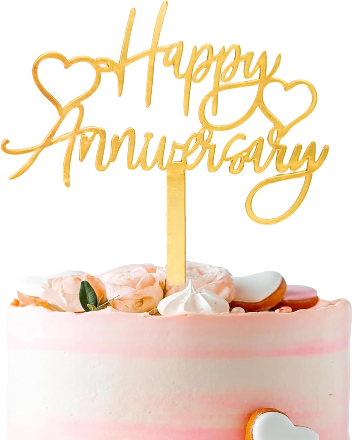 1 PCS Gold Happy Anniversary Cake Topper, Acrylic Heart Cake Decor for Weddings, Anniversaries, or Party Decoration Supplies