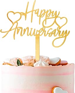 1 PCS Gold Happy Anniversary Cake Topper, Acrylic Heart Cake Decor for Weddings, Anniversaries, or Party Decoration Supplies
