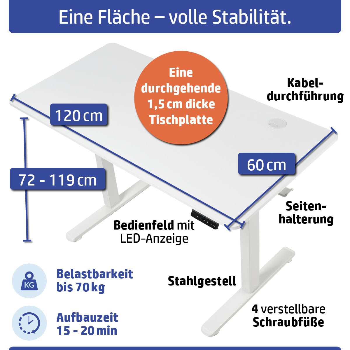 Höhenverstellbarer Schreibtisch FlexxPro | 3 Größen & 2 Farben | Durchgehende Arbeitsplatte | Inkl. LED-Bedienfeld & Kabeldurchführung | elektrisch stufenlos & ergonomisch | 120x60cm Weiß