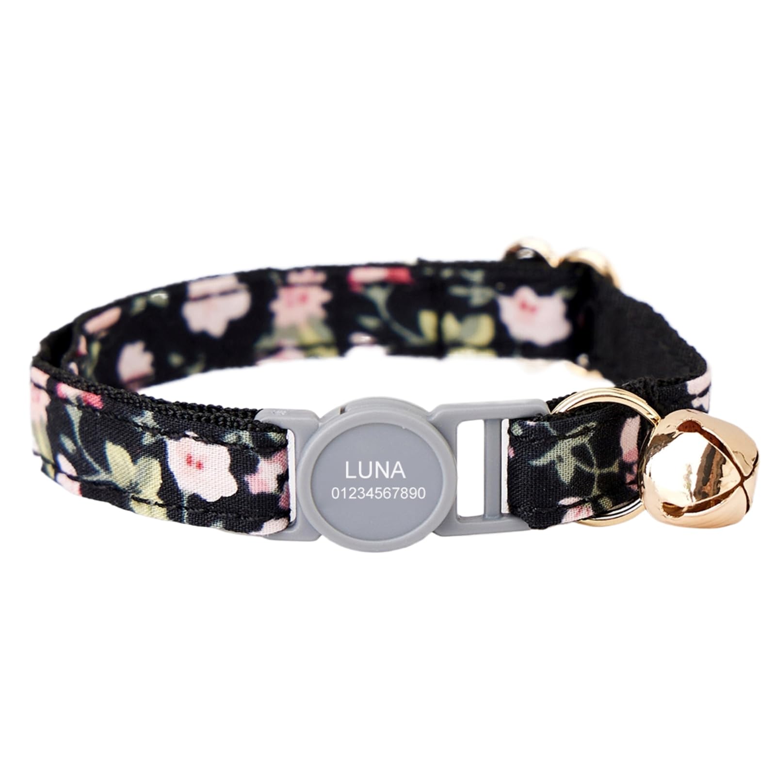 Personalized Cat Collar with Name Engraved, Breakaway Safety Buckle, Custom Cat Collar with Bell for Cats & Kittens, Lightweight Adjustable Cat Collars (Black Floral, S)