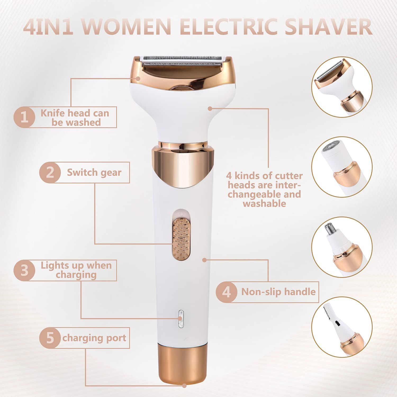 4 in 1 Electric Razor for Women's Bikini Trimmer, Women's Cordless Portable Painless Shaver, for Face Legs Brows Nose Detachable Head USB Rechargeable Hair Trimmer, for Beauty and Personal Care 4