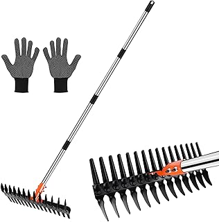 Lawn Scarifier Rake - 38cm Wide Rake with Two Side Tines & 145cm Adjustable Handle