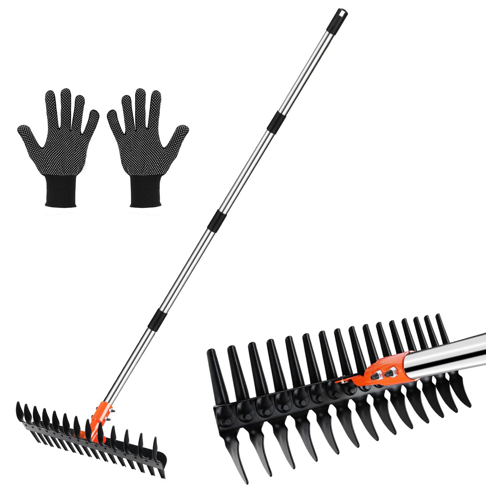 Vertikutierrechen für Rasenflächen – 38 cm breiter Rechen mit Zwei-Seiten-Zinken & 145 cm verstellbarem Stiel, Hochbelastbarer Gartenrechen aus Stahl inkl. Rutschfester Handschuhe