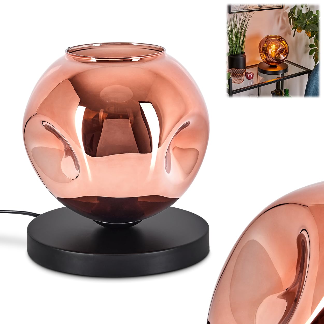 Tischleuchte Apedo, Tischlampe aus Metall/Glas in Schwarz/Kupferfarben, Leuchte im modernen Retro/Vintage-Design mit Schirm aus Glas (Ø 20 cm) u. An/-Auschalter am Kabel, 1 x E27, ohne Leuchtmittel