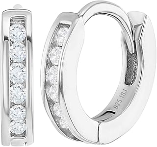 925 Sterling Silver Clear Cubic Zirconia Small Hoop Huggie Earrings For Girls & Young Preteens 10mm- Classy & Alluring 925 Sterling Silver Safe For Sensitive Ears- Perfect Girl Gift For Birthdays
