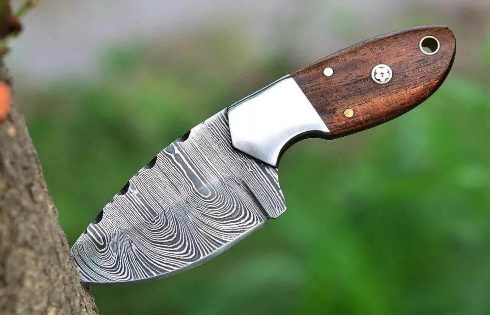 Handmade Damascus Steel Skinner Knife, Hunting Knife, Fixed Blade, Bushcraft Knife, Wood Handle, Premium Leather Sheath