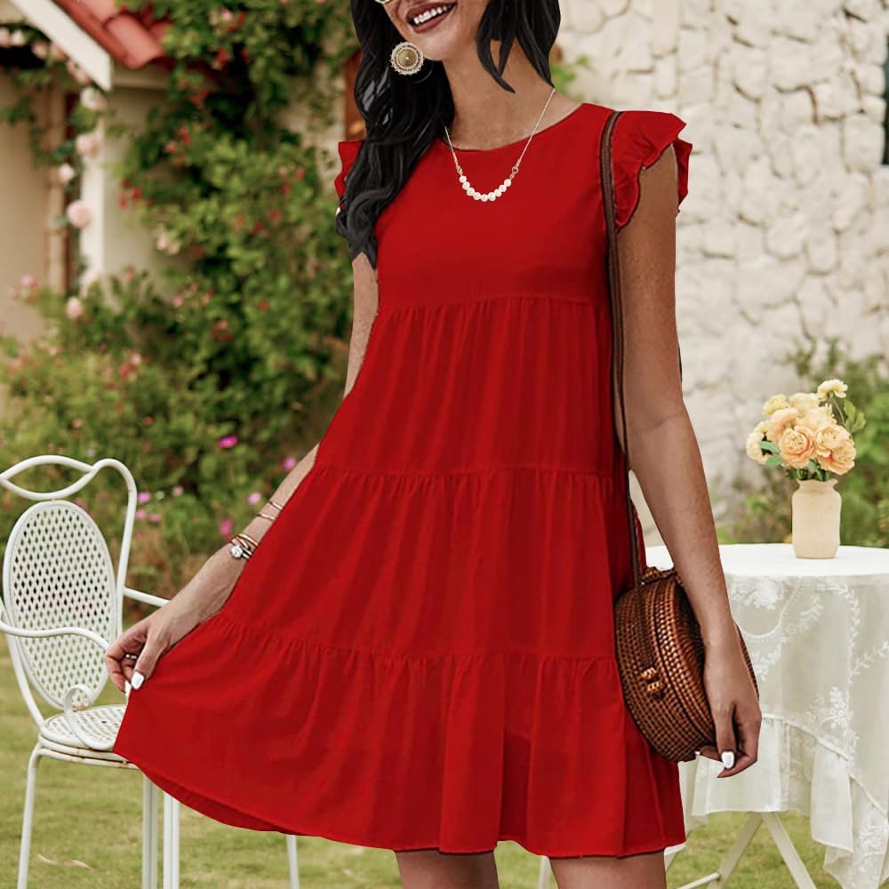 Women's Summer Dresses Ruffle Cap Sleeve Round Neck Solid Color Loose Flowy Pleated Mini Babydoll Dress - Image 2