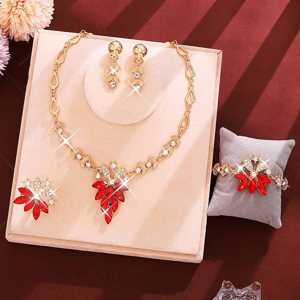 Yean Gold Red Rhinestone Jewelry Sets Bridal Statement Necklace Dangle Bracelet Earring Set Costume Jewelry for women - Image 2