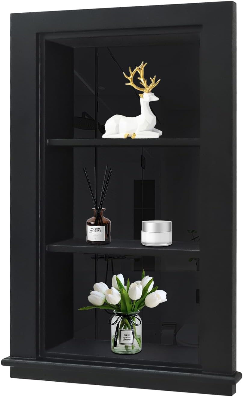 14 x 24 Recessed Medicine Cabinet, Black Bathroom Wall Cabinet, 3-Tier Wall Niche with Glass Interior, for Bathroom Storage