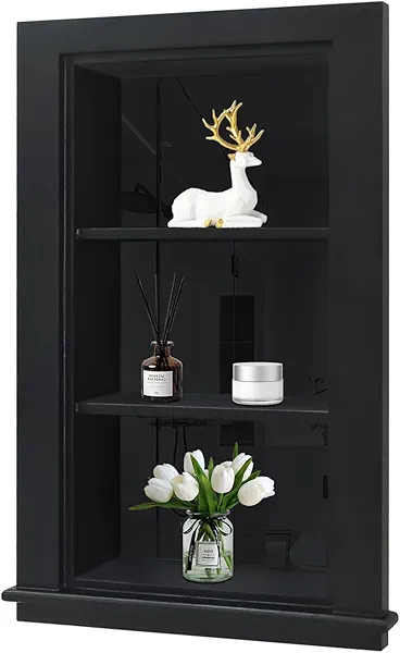 Jesantab 14 x 24 Recessed Medicine Cabinet, Black Bathroom Wall Cabinet, 3-Tier Wall Niche with Glass Interior, for Bathroom Storage