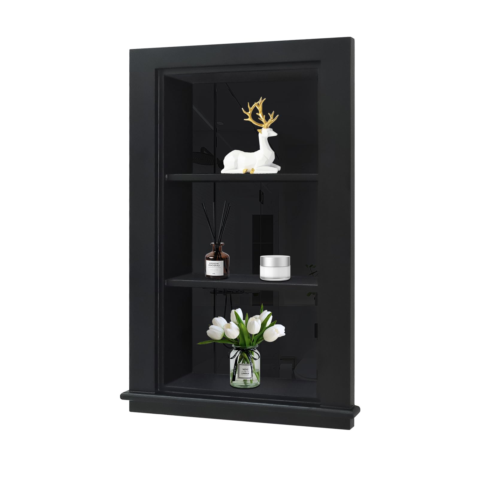 Jesantab 14 x 24 Recessed Medicine Cabinet, Black Bathroom Wall Cabinet, 3-Tier Wall Niche with Glass Interior, for Bathroom Storage