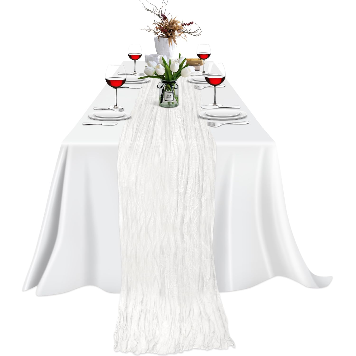 Eliamo 1 Pack 10ft Long Cheesecloth Table Runners, Rustic Boho Table Runners Bulk, 35"x120" Table Runners for Wedding, Parties, and Bridal Baby Shower, White